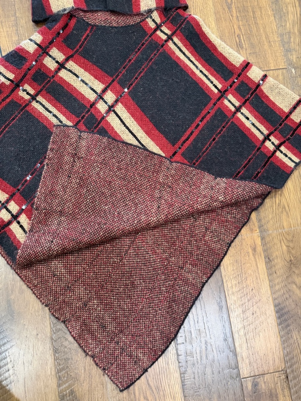 Chico's Red, Black, Cream Plaid Knit Poncho - Picture 5 of 6